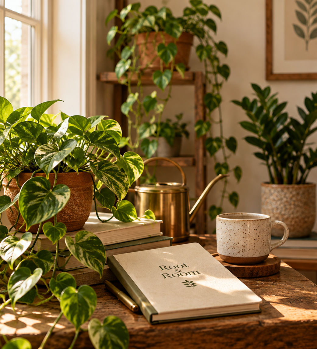 A warm plant-filled room with a Root & Room journal